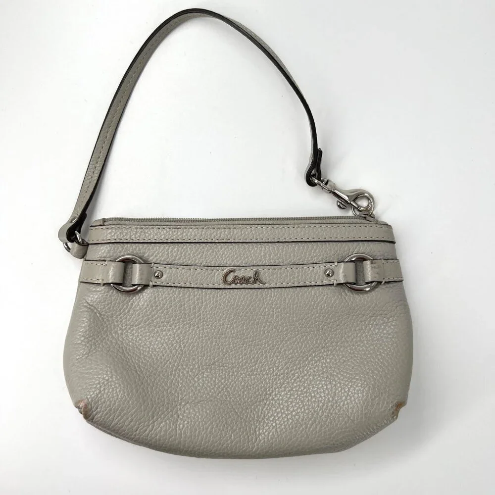 Coach Silver Cursive Logo Gray Pebbled Leather Wristlet 2010s Vintage